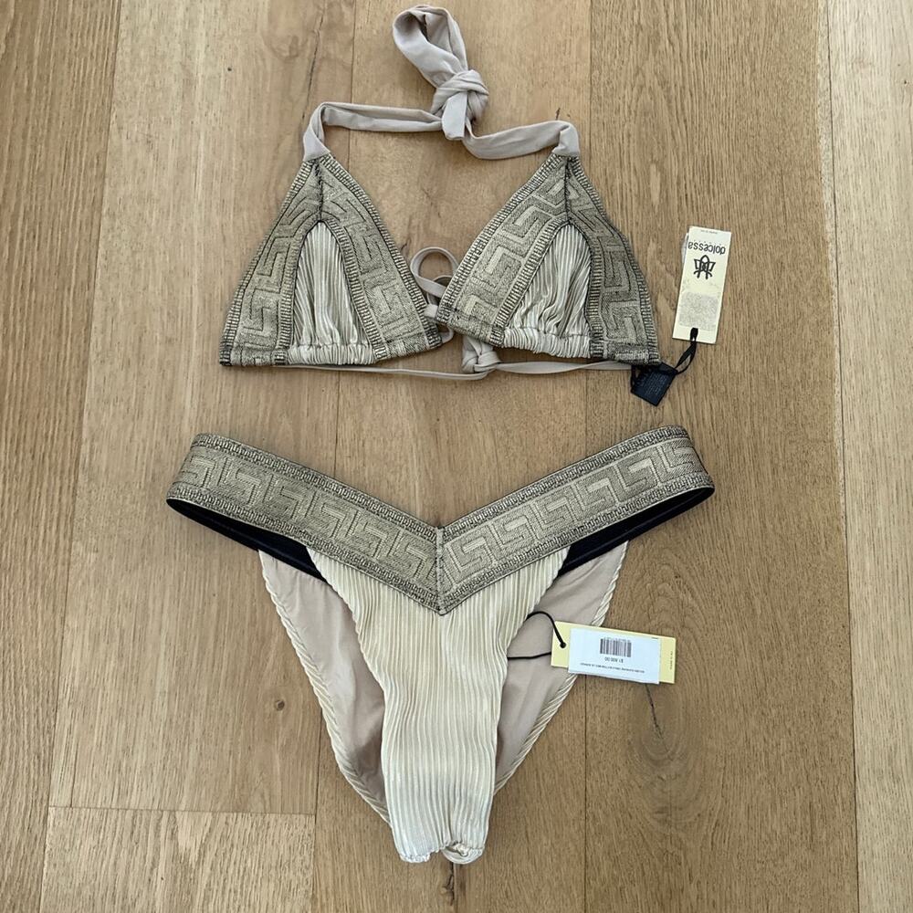 Dolcessa Sand Banded Roma Top & Bottom Bikini Set Size S/M in Gold Black Cream